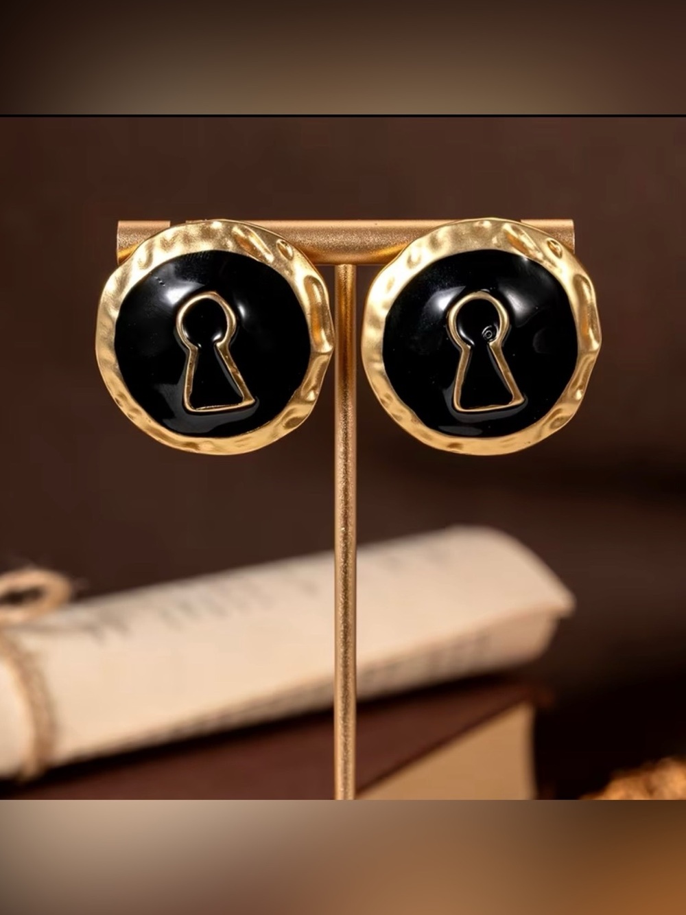 Schiaparelli Inspired Gold and Black Keyhole Statement Earrings